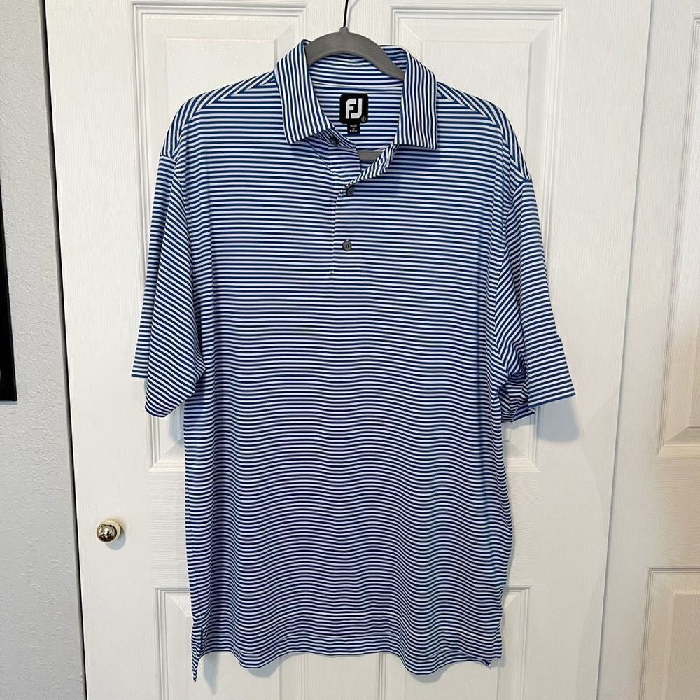 FootJoy FJ Blue and White Striped Short Sleeve Golf Shirt Size Large